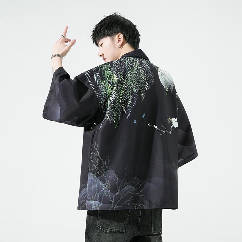夏季新款风大鱼竹叶和服开衫披风男DS-A008-1-K91p40,男装风衣,电商A008-1