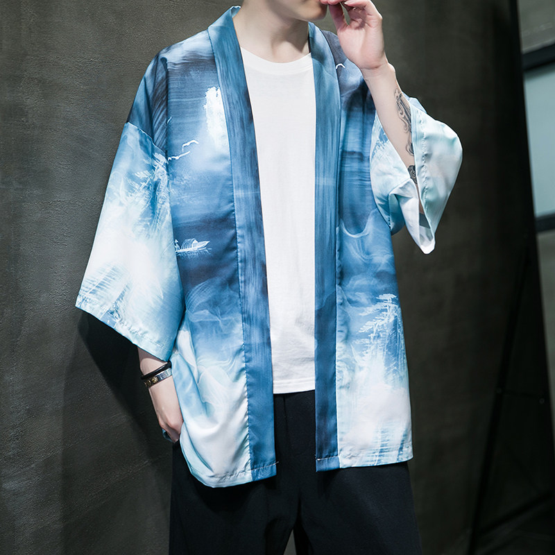 2025夏季新款风印花山川汉服开衫披风男DS-A008-1K89P40,男装民族服装,电商A008-1