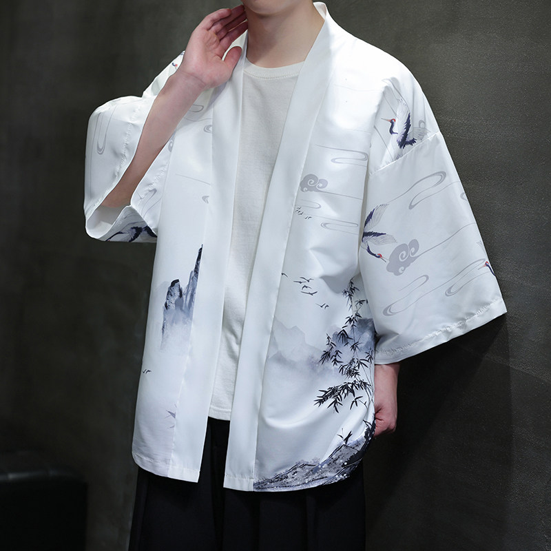 夏季新款风山水仙鹤印花汉服风衣开衫披风男DSA008-1K85P40,男装风衣,电商A008-1