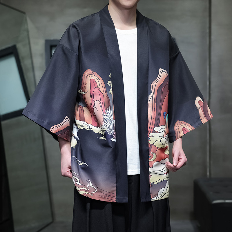 夏季新款风仙鹤印花汉服风衣开衫披风男DSA008-1K85P40,男装风衣,电商A008-1