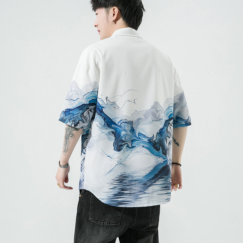 男士印花风休闲男新潮款青年短袖衬衫DS-A008-1-S022-P45,男装T恤,电商A008-1