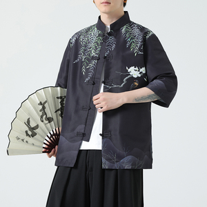 2025夏季新款风短袖衬衫唐装汉服风印花男A008-1-S203-P45图片