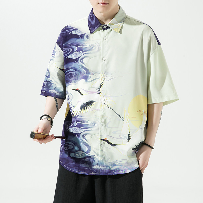 男士印花风休闲男新潮款青年短袖衬衫DS-A008-1-S016-P45,男装衬衫,电商A008-1