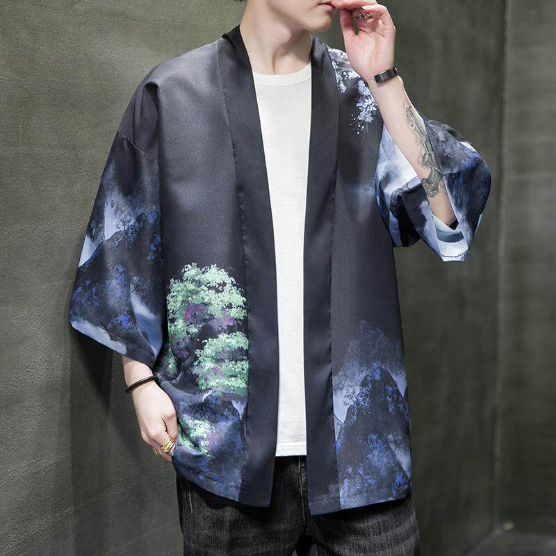 夏季新款风大鱼竹叶和服开衫披风男DS-A008-1-K91p40,男装风衣,电商A008-1