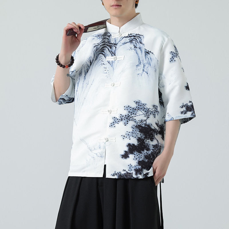 2025夏季新款风短袖衬衫唐装汉服风印花男A008-1-S202-P45,男装T恤,电商A008-1