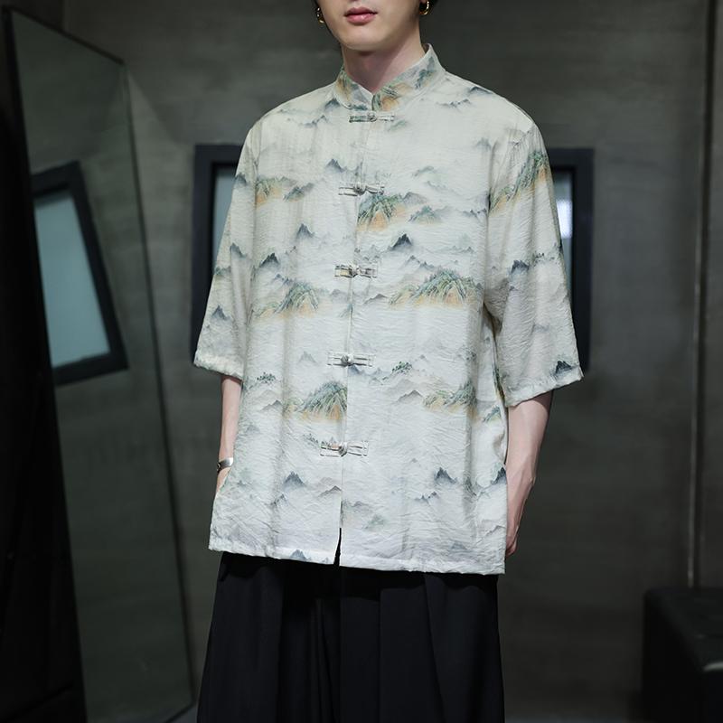 夏季新款风短袖衬衫唐装汉服风印花男A008-1-1102-P50,男装衬衫,电商A008-1