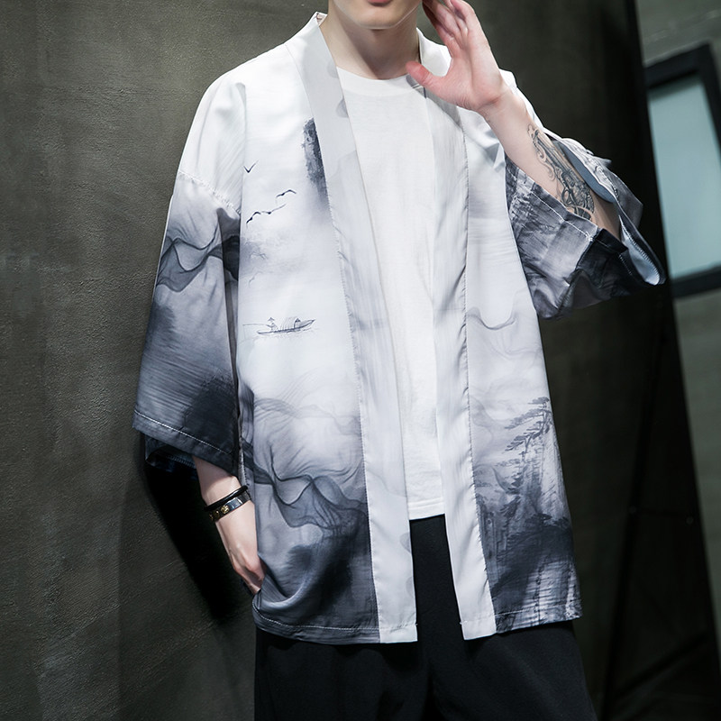 2025夏季新款风印花山川汉服开衫披风男DS-A008-1K89P40,男装民族服装,电商A008-1
