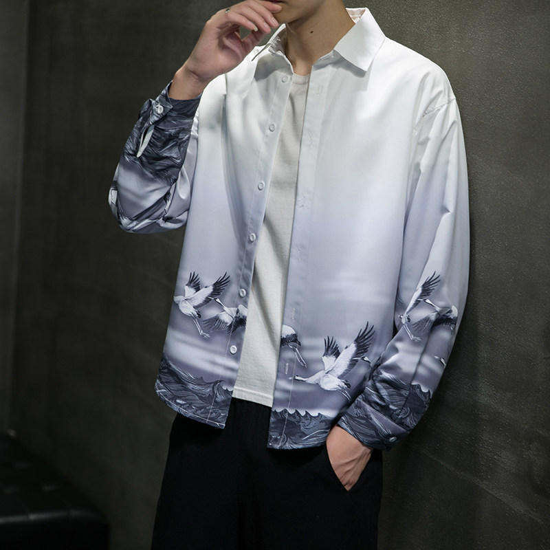 2025新款风仙鹤印花长袖衬衫外塔6006S603-P45,男装衬衫,电商A008-1