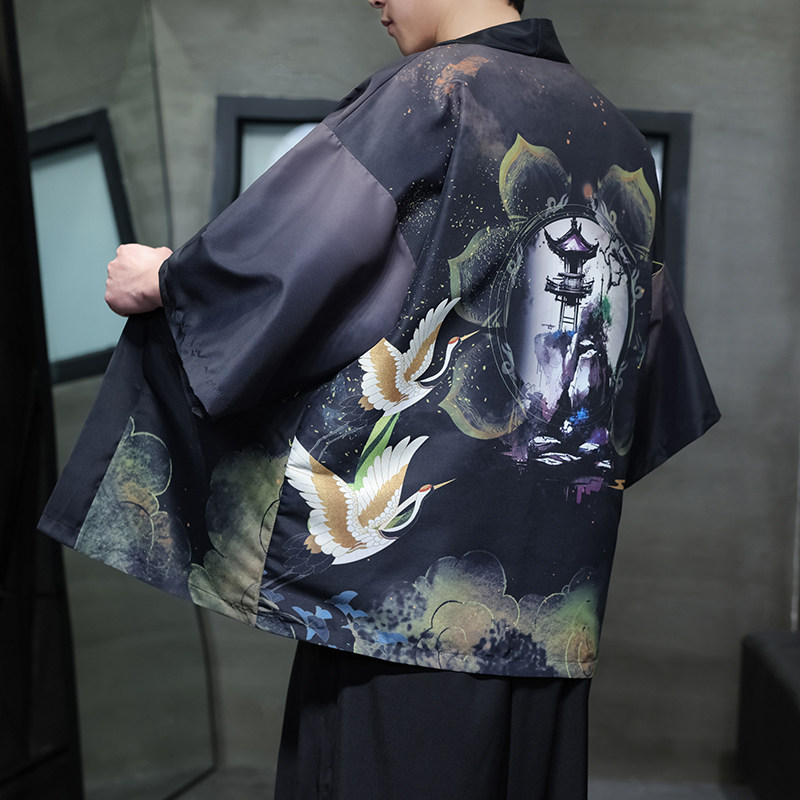 夏季新款风 印花仙鹤汉服风衣开衫披风男DSA008-1K85 P40图片