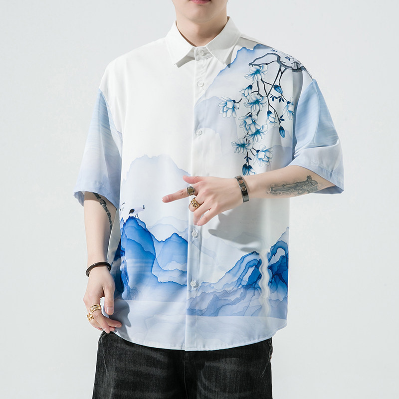 男士印花风休闲男新潮款青年短袖衬衫DS-A008-1-S021-P45,男装衬衫,电商A008-1