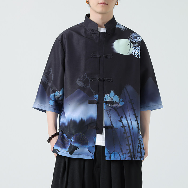 夏季新款风短袖衬衫唐装汉服风印花男A008-1-S201-P45,男装T恤,电商A008-1