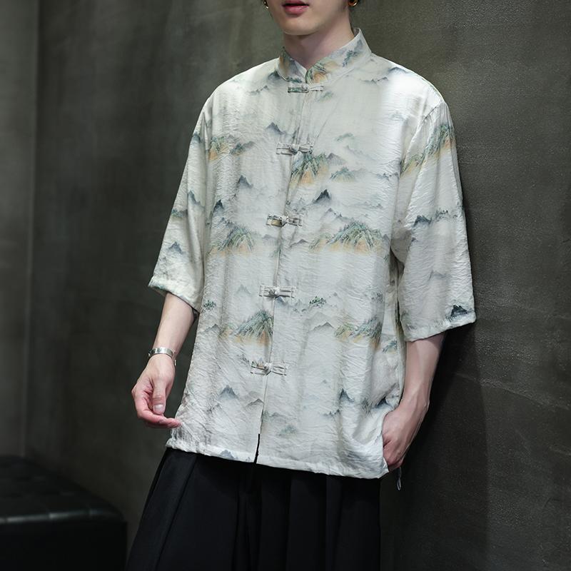 夏季新款风短袖衬衫唐装汉服风印花男A008-1-1102-P50,男装衬衫,电商A008-1