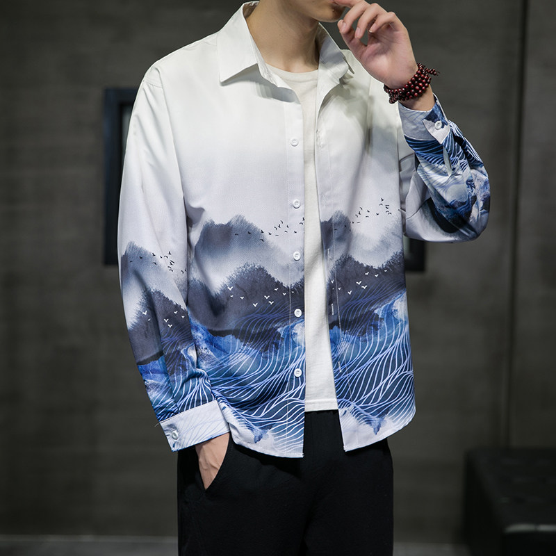 新款风山水印花长袖衬衫外塔6006S602-P45,男装衬衫,电商A008-1