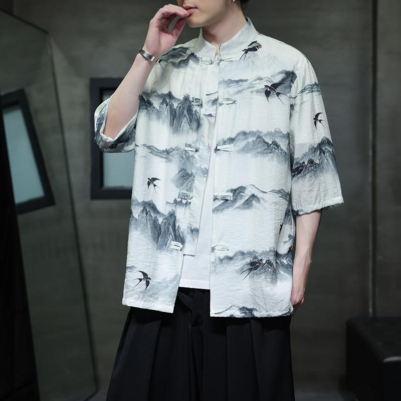 夏季新款风短袖衬衫唐装汉服风印花男A008-1-1102-P50,男装衬衫,电商A008-1