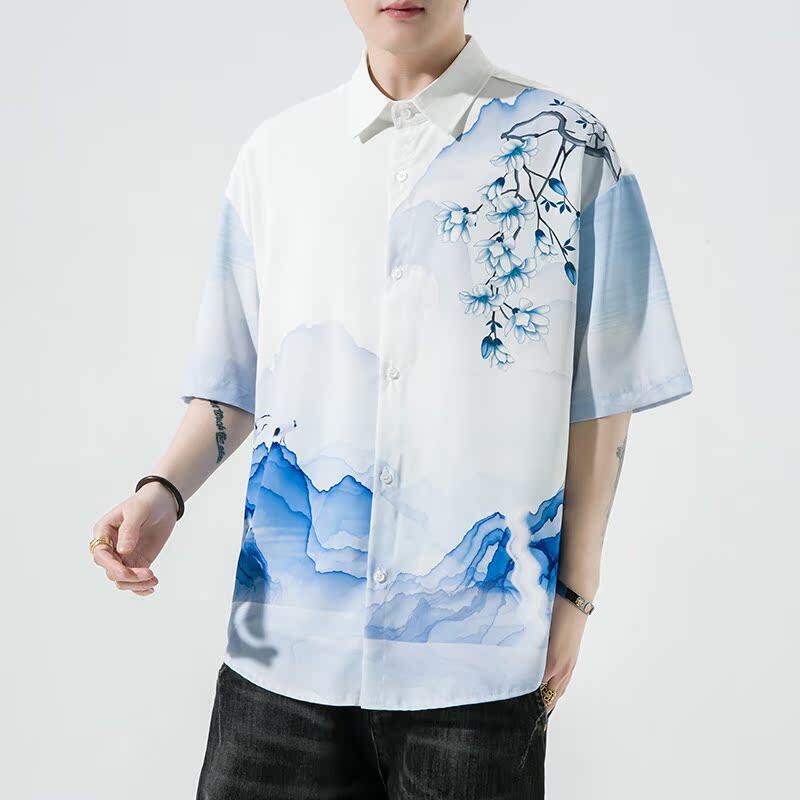 男士印花风休闲男新潮款青年短袖衬衫DS-A008-1-S021-P45,男装衬衫,电商A008-1