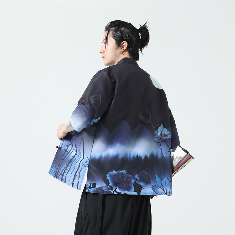 夏季新款风短袖衬衫唐装汉服风印花男A008-1-S201-P45,男装T恤,电商A008-1