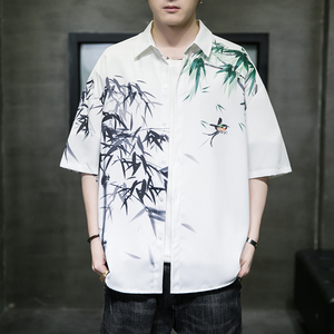 男士印花风休闲男新潮款青年短袖衬衫DS-A008-1-S026-P45,白色外套搭配什么胸针图片