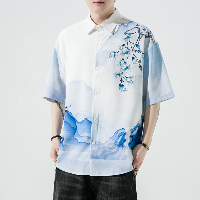 男士印花风休闲男新潮款青年短袖衬衫DS-A008-1-S021-P45,男装衬衫,电商A008-1