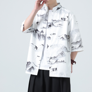 夏季新款风短袖衬衫唐装汉服风印花男A008-1-S206-P45图片