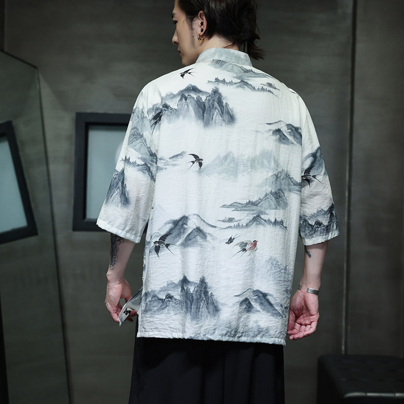 夏季新款风短袖衬衫唐装汉服风印花男A008-1-1102-P50,男装T恤,电商A008-1