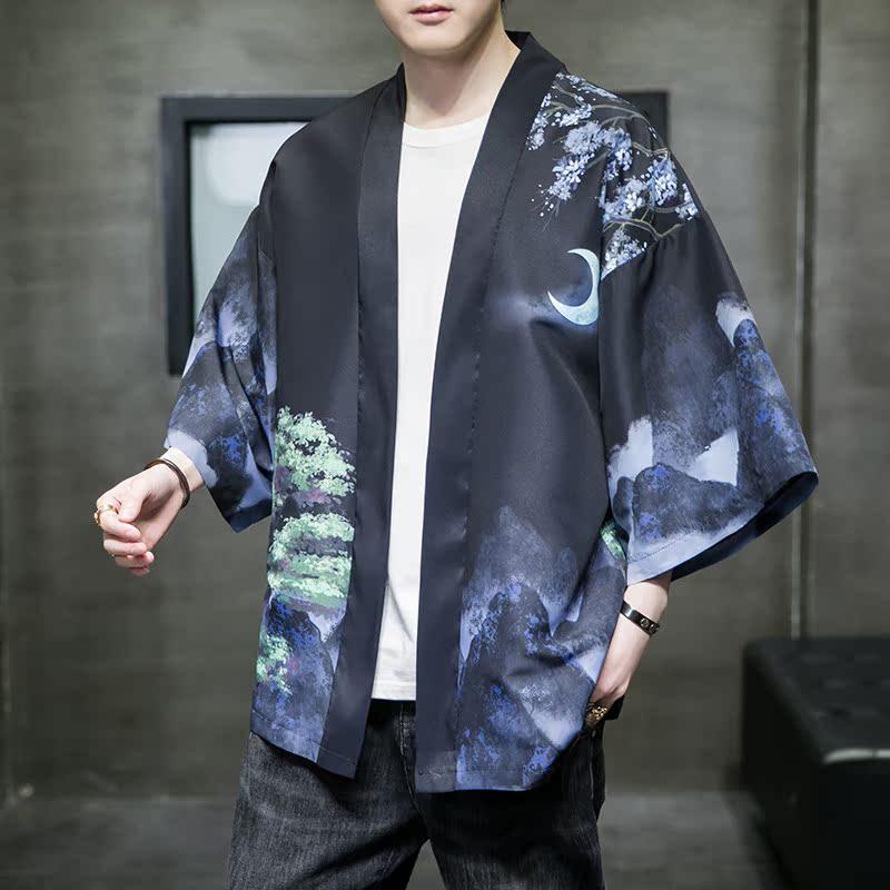 夏季新款风大鱼竹叶和服开衫披风男DS-A008-1-K91p40,男装风衣,电商A008-1
