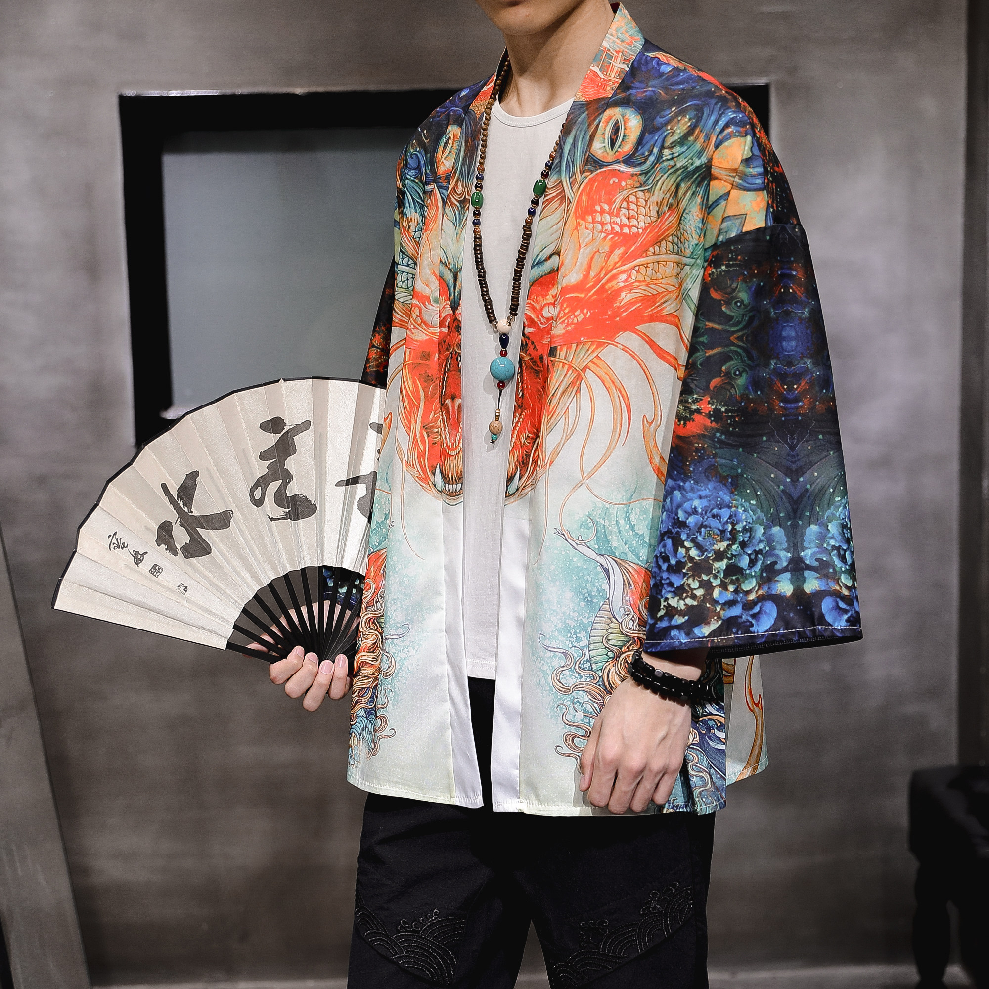 夏季新款风龙猫 山水鲤鱼飞鹤汉服开衫披风男DS A008-1K02p40图片