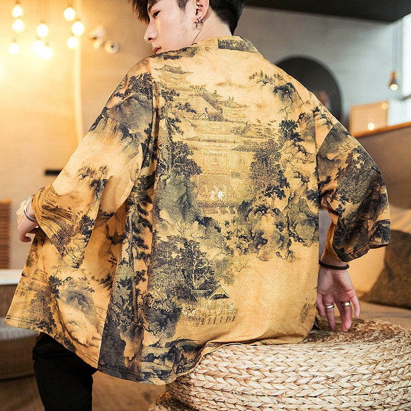 2025夏季新款风飞鹤 山水鲤鱼汉服开衫披风男DSA008-1K02p40图片