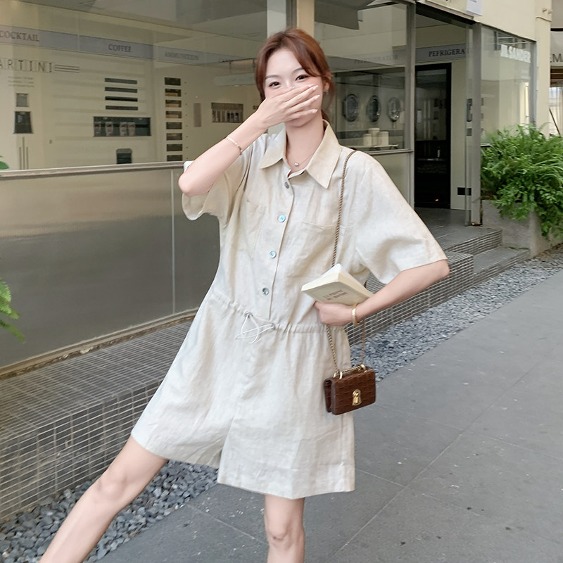 慵懒风气质短袖衬衫连体裤女夏2025新款复古Polo领宽松短裤连体衣,女装套装/套裙,浙宝205