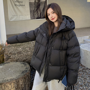 黑色连帽白鸭绒羽绒服女2024冬季韩版宽松加厚保暖外套百搭面包服