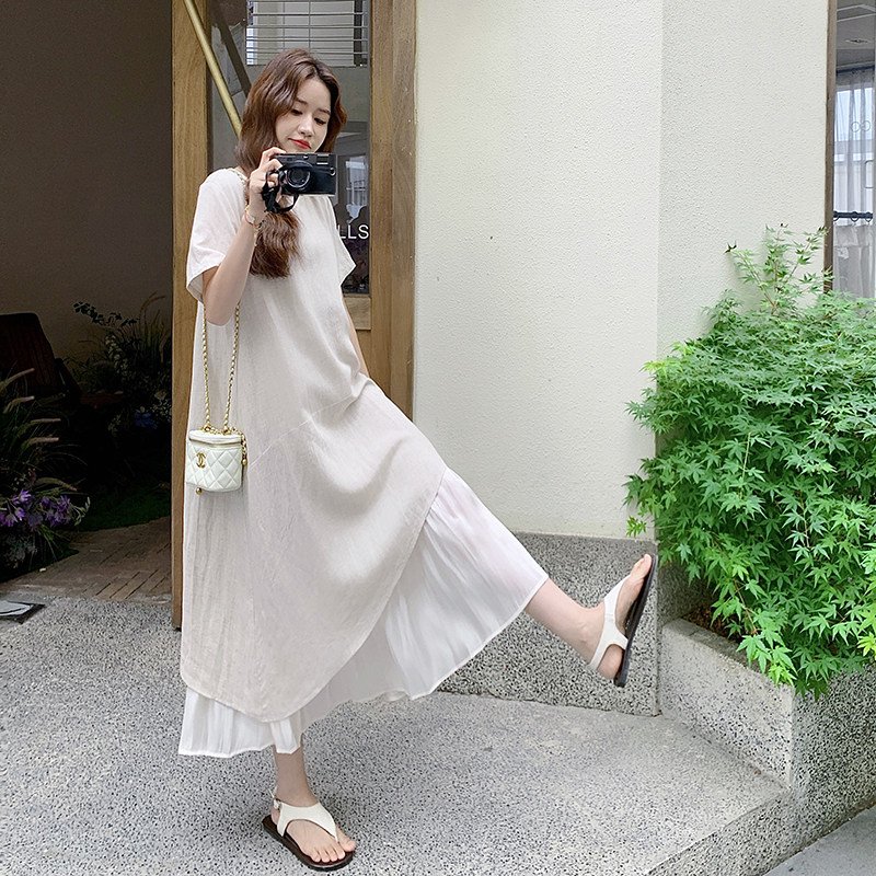 法式气质短袖t恤连衣裙女夏季2025新款设计感直筒拼接假两件长裙,女装连衣裙,浙宝205