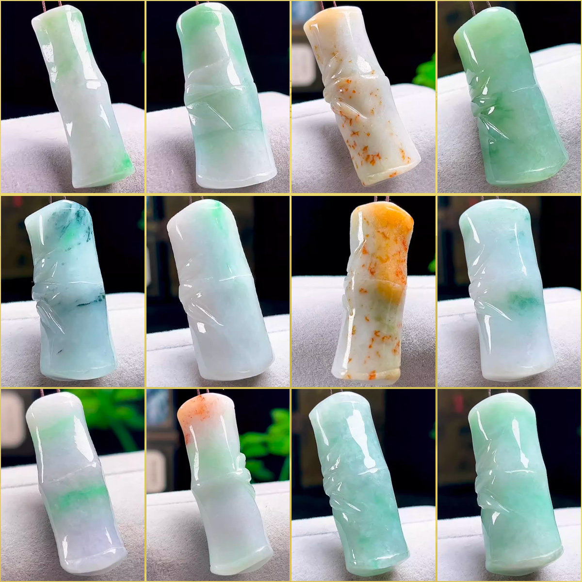 缅甸保真天然A货冰绿飘花玉石翡翠竹节吊坠男女 玉竹节节节高玉坠