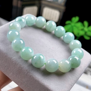 12mm缅甸料天然玉石单圈玉珠手链正品 A货冰飘花翡翠手串珠链男女