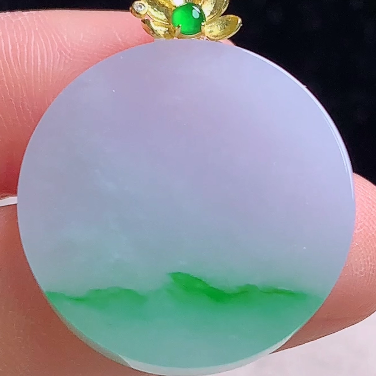 缅甸料A货18K金镶冰飘绿无事牌吊坠天然玉石翡翠平安无事圆牌玉坠