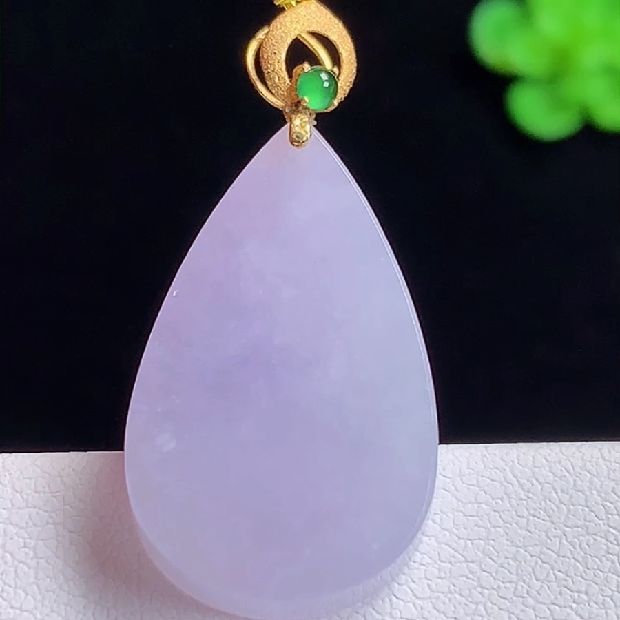 保真天然A货18k金镶嵌紫罗兰翡翠水滴玉坠缅甸料玉石水滴锁骨吊坠