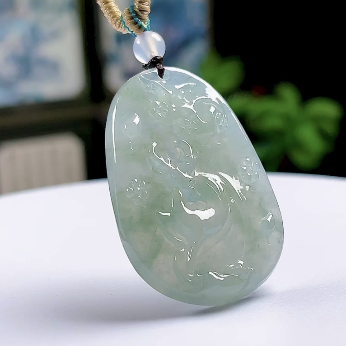 保真天然翡翠冰飘花鹿牌吊坠 缅甸料A货玉石梅花鹿一路发玉坠挂件