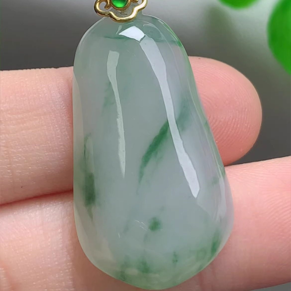 正品天然玉石18K金镶冰飘花福瓜吊坠玉瓜缅甸料A货翡翠福挂玉坠