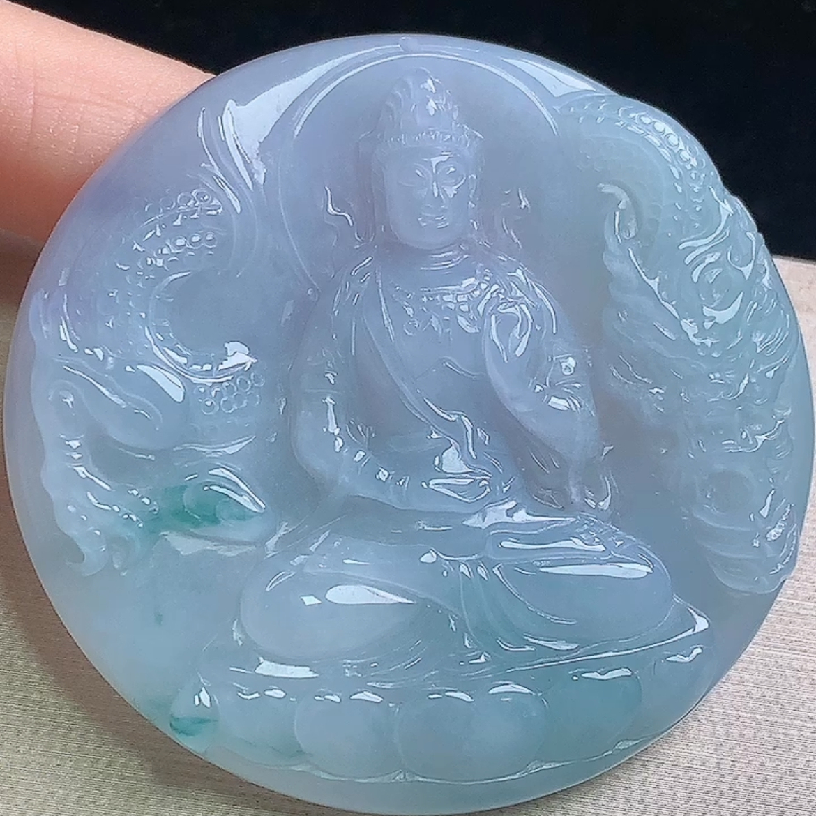 天然A货冰飘花御龙观音吊坠大件缅甸玉石翡翠神龙护主玉观音玉坠