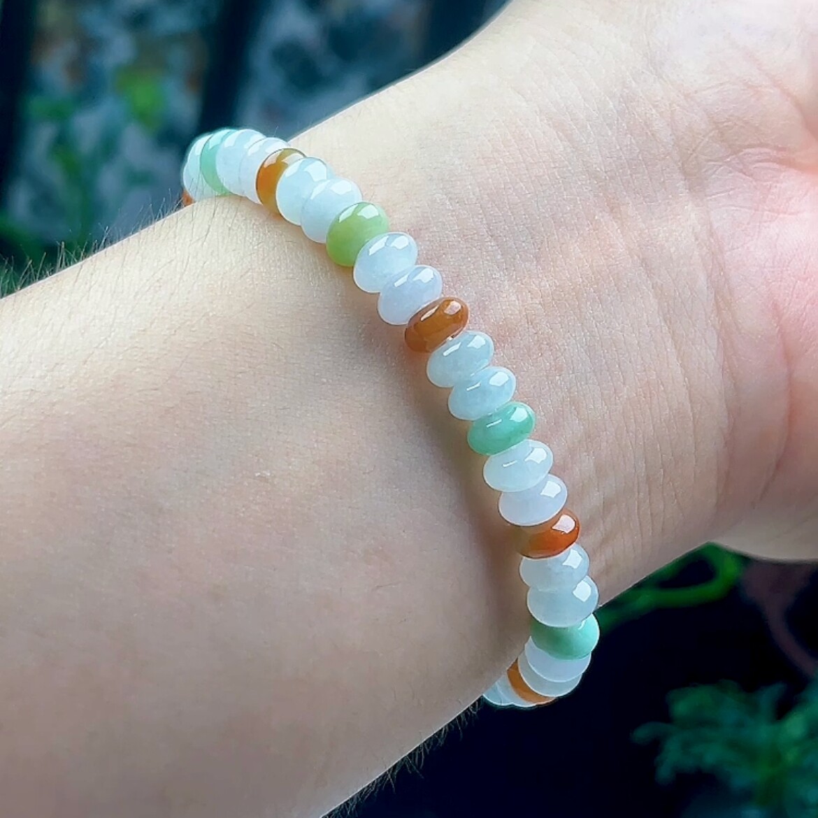 6-7mm三彩淡绿红黄翡单圈手串天然a货翡翠算盘珠手链缅甸玉石手饰