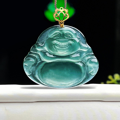 冰种晴水绿天然A货翡翠玉佛18K金