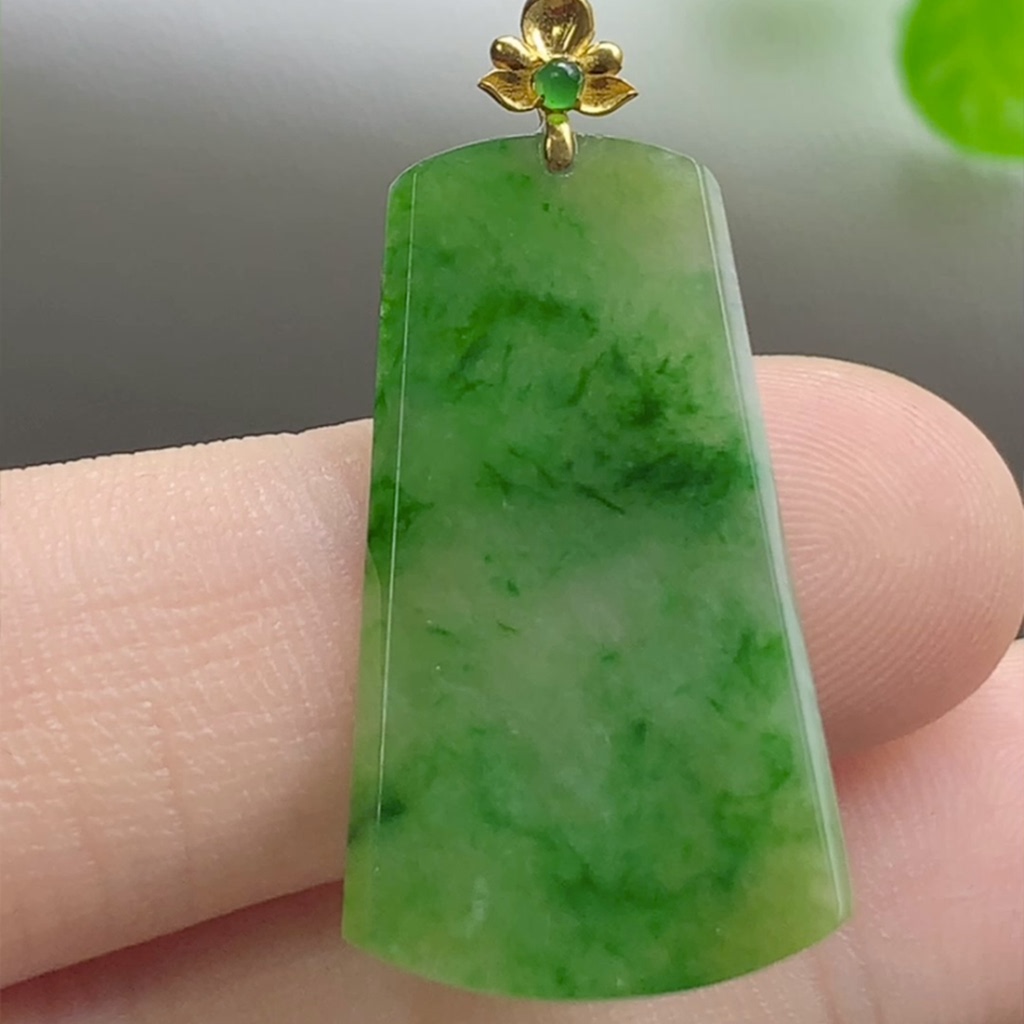 缅甸料A货18K金镶冰飘绿无事牌吊坠天然玉石翡翠平安无事圆牌玉坠