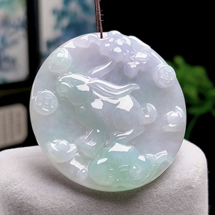 缅甸A货天然玉石翡翠淡紫飘花兔牌吊坠男女生肖兔玉坠小兔子挂件