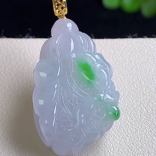 缅甸料A货玉石18K金扣冰飘绿白菜吊坠保真天然翡翠百财纳福玉坠