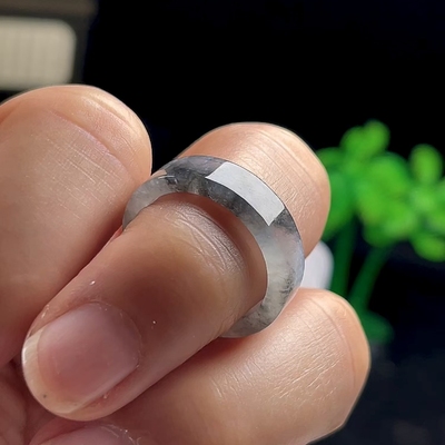 21号19.7mm翡翠冰乌鸡方戒缅甸天然A货玉石水墨风平口玉指环戒指