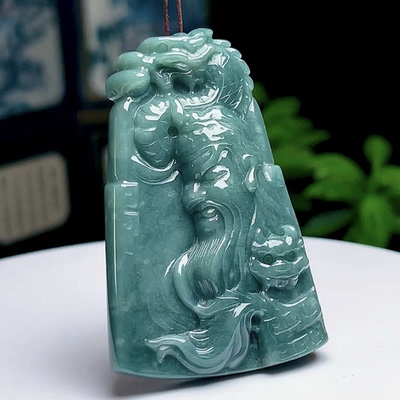 天然A货老种蓝水飘黄关公牌吊坠