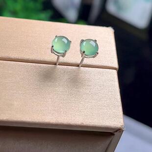 保真新款天然A货S925银镶晴水绿小蛋面耳钉老坑冰种玉石翡翠耳环