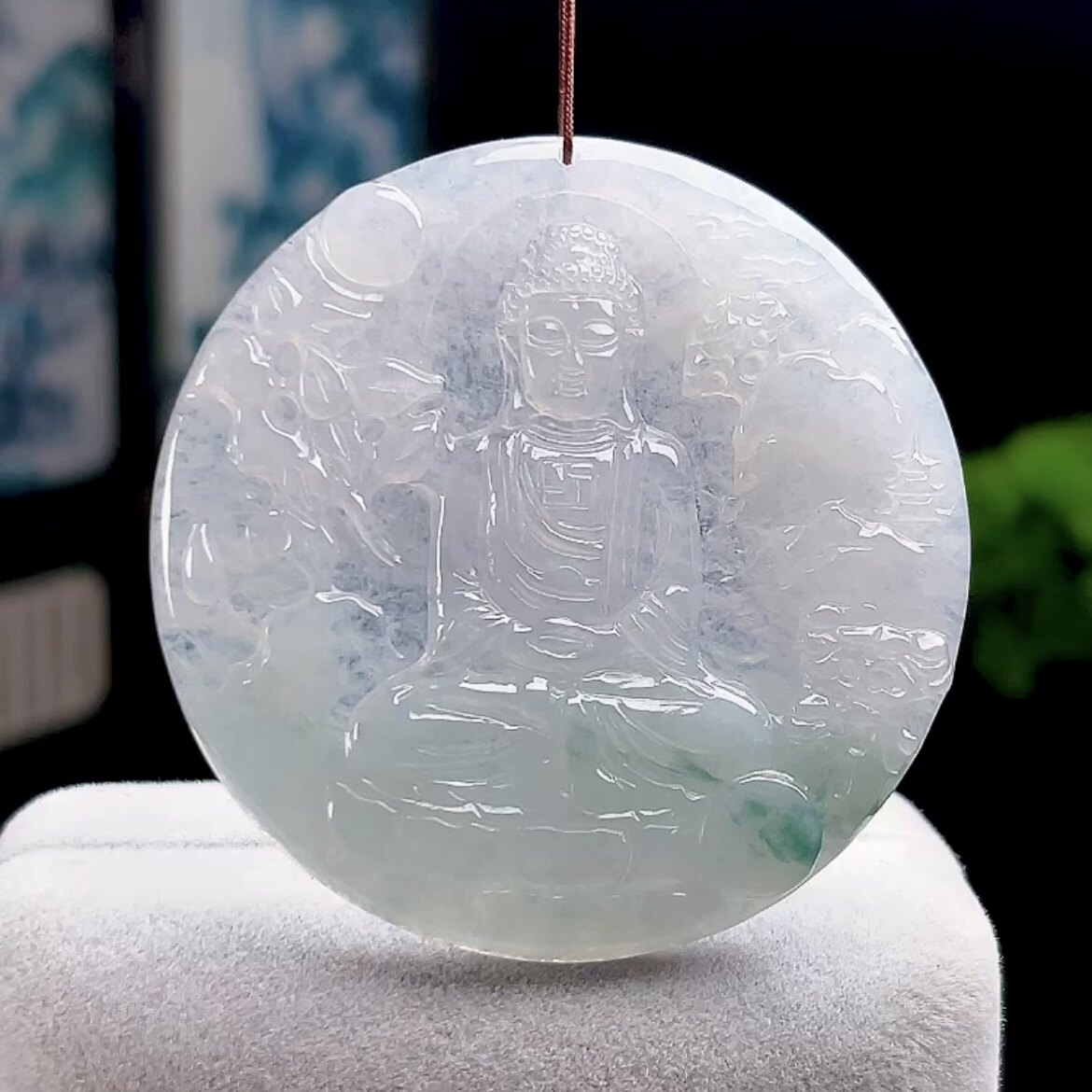 缅甸料翡翠天然A货玉石冰飘花大日如来佛玉坠 生肖羊猴守护神吊坠