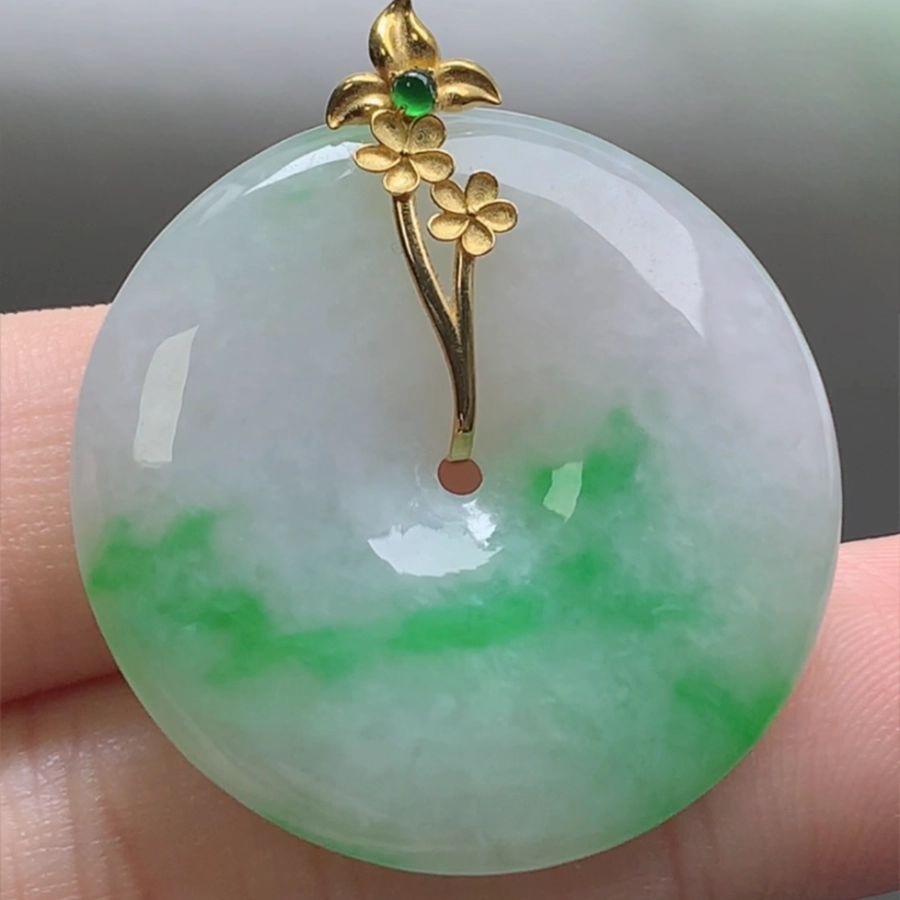 31mm天然A货翡翠18K金镶冰飘绿平安扣玉坠缅甸料玉石怀古玉扣吊坠