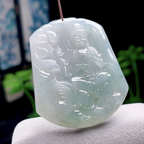 缅甸料A货天然翡翠玉石冰飘花普贤菩萨牌吊坠 生肖龙蛇守护神玉坠