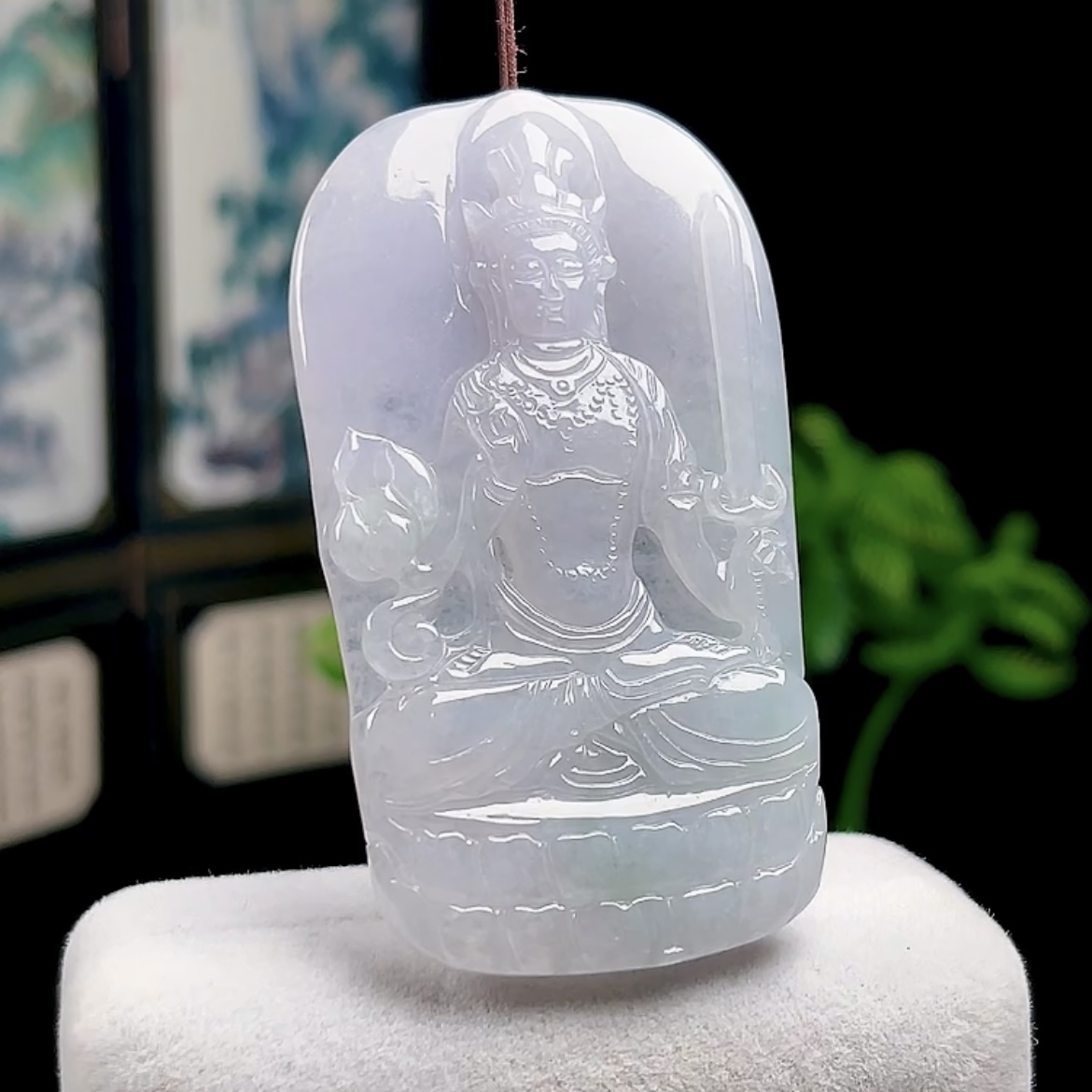 缅甸料天然翡翠A货玉石冰润虚空藏菩萨牌吊坠 生肖牛虎守护神玉坠