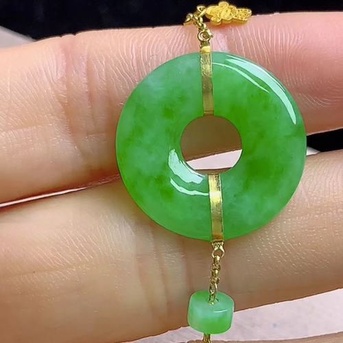 天然翡翠18k金镶嵌苹果绿平安扣手链缅甸料A货玉石小玉扣手链女款